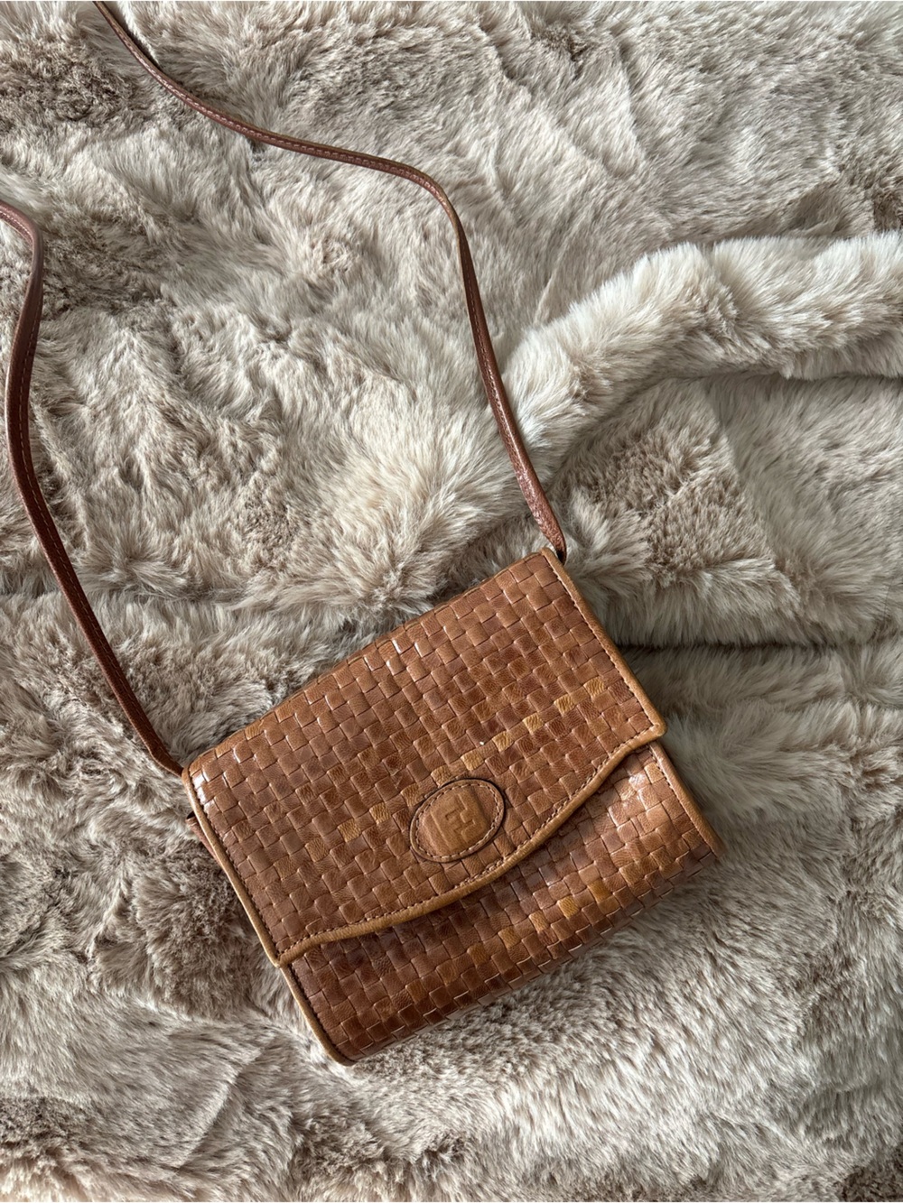 Vintage Fendi woven leather crossbody bag.Brown FF Monogram. Y2K Italian classic